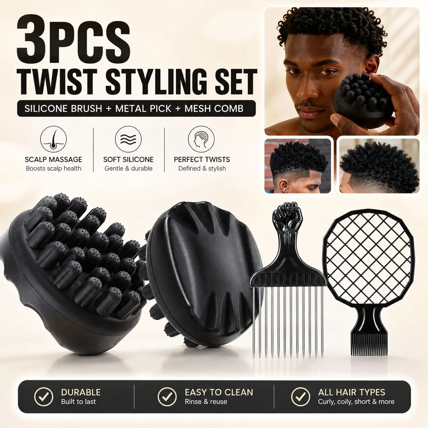 3PCS Twist Curl Styling Brush Set for Afro, Curly & Coily Hair, Curl Defining Tool Kit with Twist Brush, Curling Brush, Wavy Hair Brush, Curl Comb for Defined Coils, Waves, Texture & Volume, Styling Tools for Short Natural Hair Men & Women