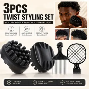 3PCS Twist Curl Styling Brush Set for Afro, Curly & Coily Hair, Curl Defining Tool Kit with Twist Brush, Metal Hair Pick & Curl Comb for Defined Coils, Waves, Texture & Volume, Easy Styling Tools for Short Natural Hair Men & Women