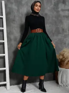 Elegant Women's Midi Dress with Ruffle Hem, Patch Pockets, Elastic Waist, Loose Fit for Office, Party, and Daily Wear