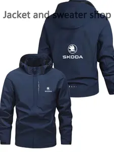 Men's Lightweight Polyester Fashion Hooded Jacket, Skoda Print, Full Zipper Front, Casual Outdoor Spring & Fall Outerwear