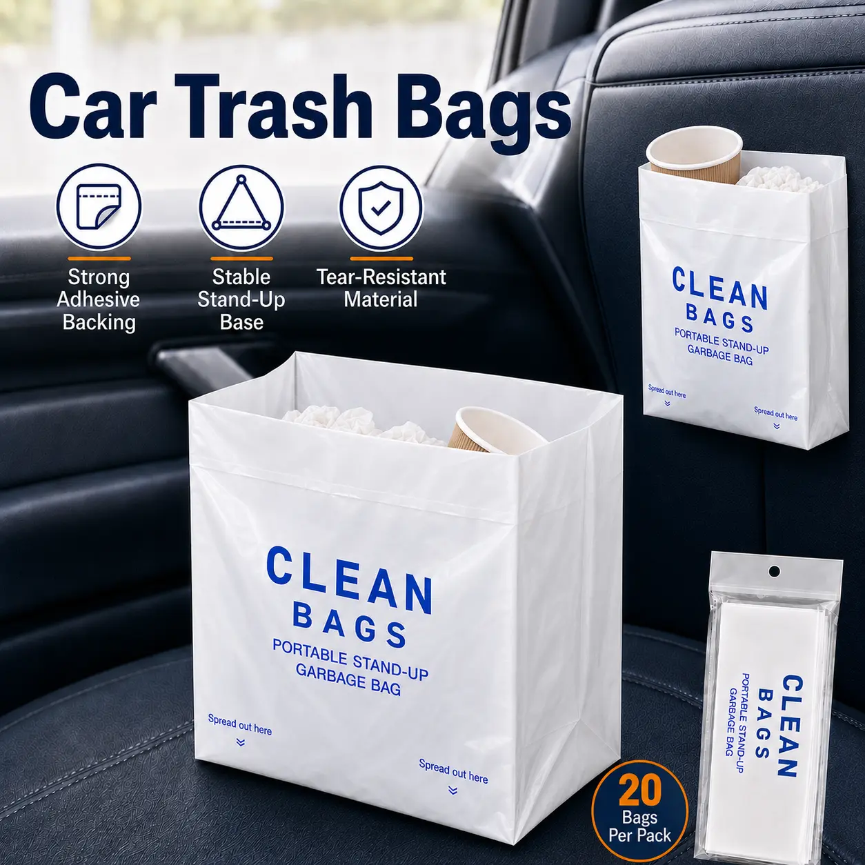 Disposable Car Trash Bags, Self-Adhesive Stand-Up Garbage Bags, Thick Leak-Resistant PE Stick-On Car Trash Can Alternative for Auto, Office, Travel and Camping-YY,sohochic