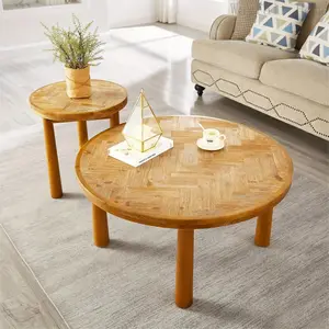 Center coffee table in the living room, vintage round coffee table, rustic solid wood natural table with thick cylindrical legs