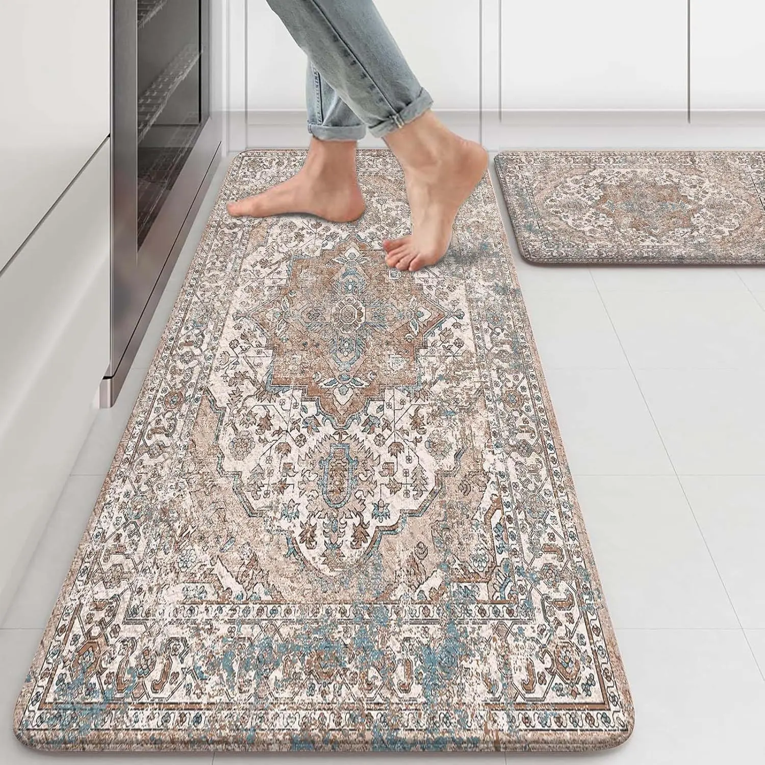 AMM Anti Fatigue Kitchen Mats for Floor Set of 2 Vintage Farmhouse Non Slip Cushioned Kitchen Rugs Waterproof Memory Foam Kitchen Floor Mat Comfort Standing Mat for Office Desk Laundry Bar