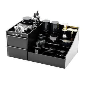 Durable Plastic Perfume Storage Box with Drawers - Modern Multi-Layer Vanity Beauty Organizer, Multi-Compartment Home Storage Bin for Skin Care Products, Black