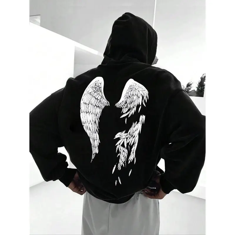 Men's Wings Print Drop Shoulder Hoodie, Street Fashion Drawstring Pocket Hooded Sweatshirt for Daily Wear, Trendy Men’s Tops for Spring & Fall, Stylish Graphic Hoodie for Men, Comfortable Casual Hoodie for Everyday Outfits