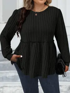 Plus Size Striped Frill Trim Peplum Bishop Sleeve Tee, Casual Long Sleeve Round Neck T-shirt for Fall & Winter, Women's Plus Clothing for Daily Wear