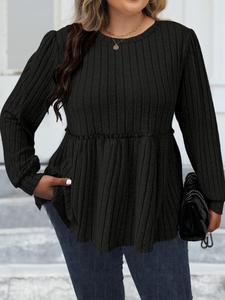 plus size striped frill trim peplum bishop sleeve tee, casual long sleeve round neck t-shirt for fall & winter, women's plus clothing for daily wear