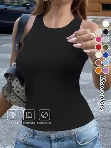 Women's Sporty Tank Top, Ribbed Sleeveless Fitted Slimming Round Neck Base Layer, Stretch Comfortable Spring Summer Casual T-Shirt
