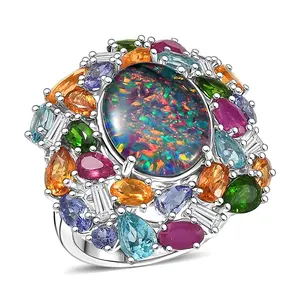 Opal Triplet and Multi Gemstone 13.40 ctw Ring in Rhodium Over Sterling Silver Size 7 Christmas Gifts