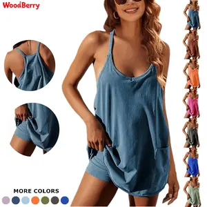 Woodberry Women's Sleeveless V-Neck Spaghetti Strap Mini Dress with Built-in Shorts, Pockets, Athletic Dress for Summer, Spring Tennis Wear, Casual Clothing,summervibes