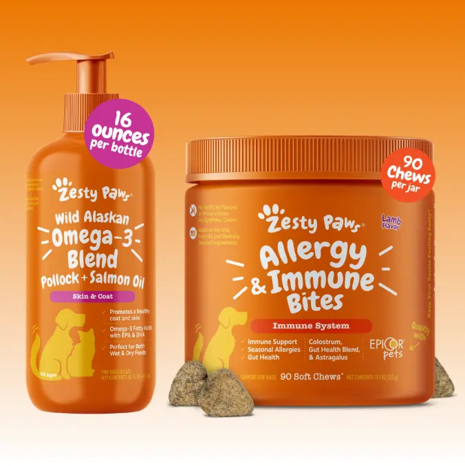 Zesty Paws Petal Paws Wellness Bundle (16 oz Salmon Oil + 90ct Allergy & Immune Bites)