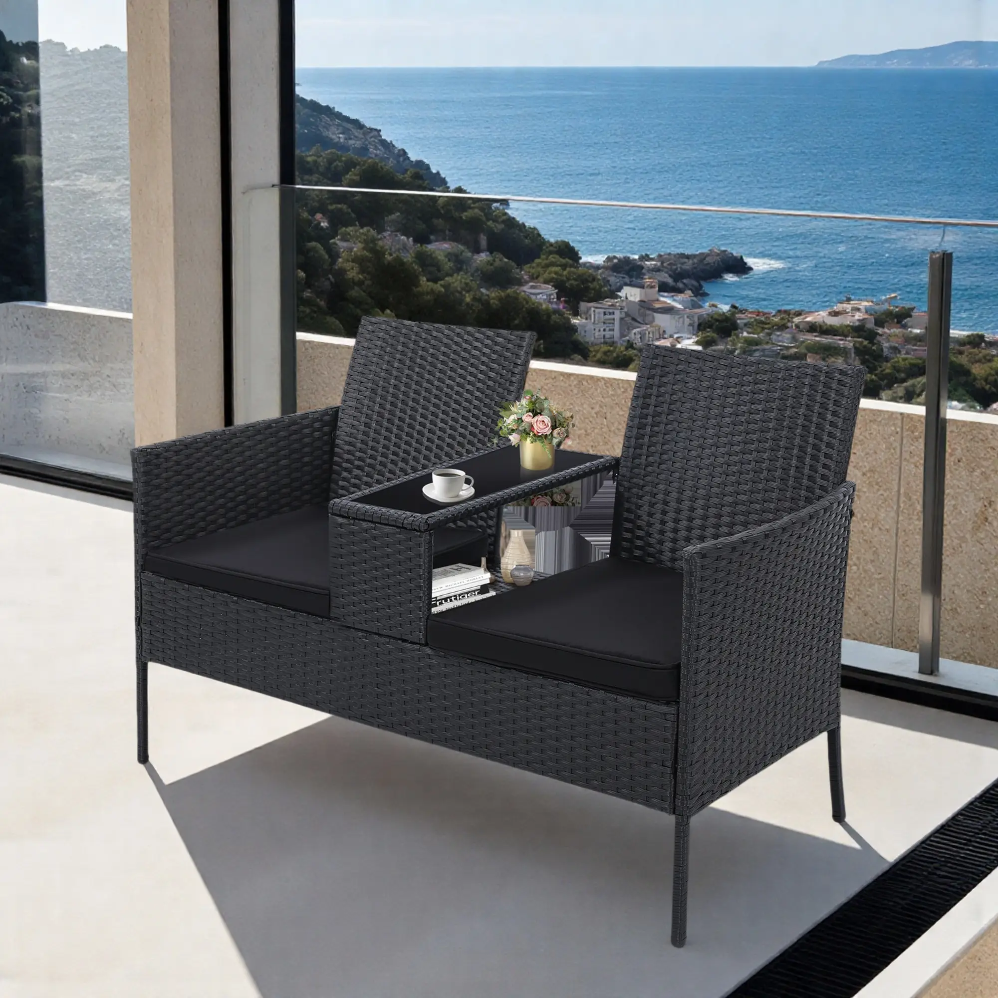 Wicker 2 Seat Patio Conversation Set,Patio Double Chair Loveseat Set， Outdoor Rattan Loveseat with Table, Washable Cushion Covers, Backyard, Garden, L