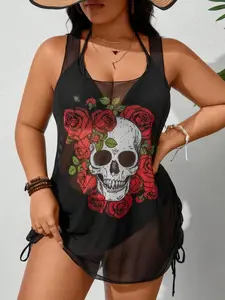 Summer Beach Plus Size Women's Fashionable Skeleton Printed Sleeveless Cover Up Top Halloween Multicolor Slim Fit Knitted Fabric