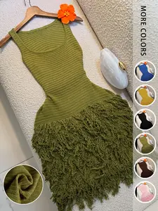 Elegant Knitted Bodycon Dress, Summer Vacation Fringe Skirt, Slim Fit Knit Vest Dress, Solid Round Neck Sweater Dress, Spring & Summer Women's Clothing