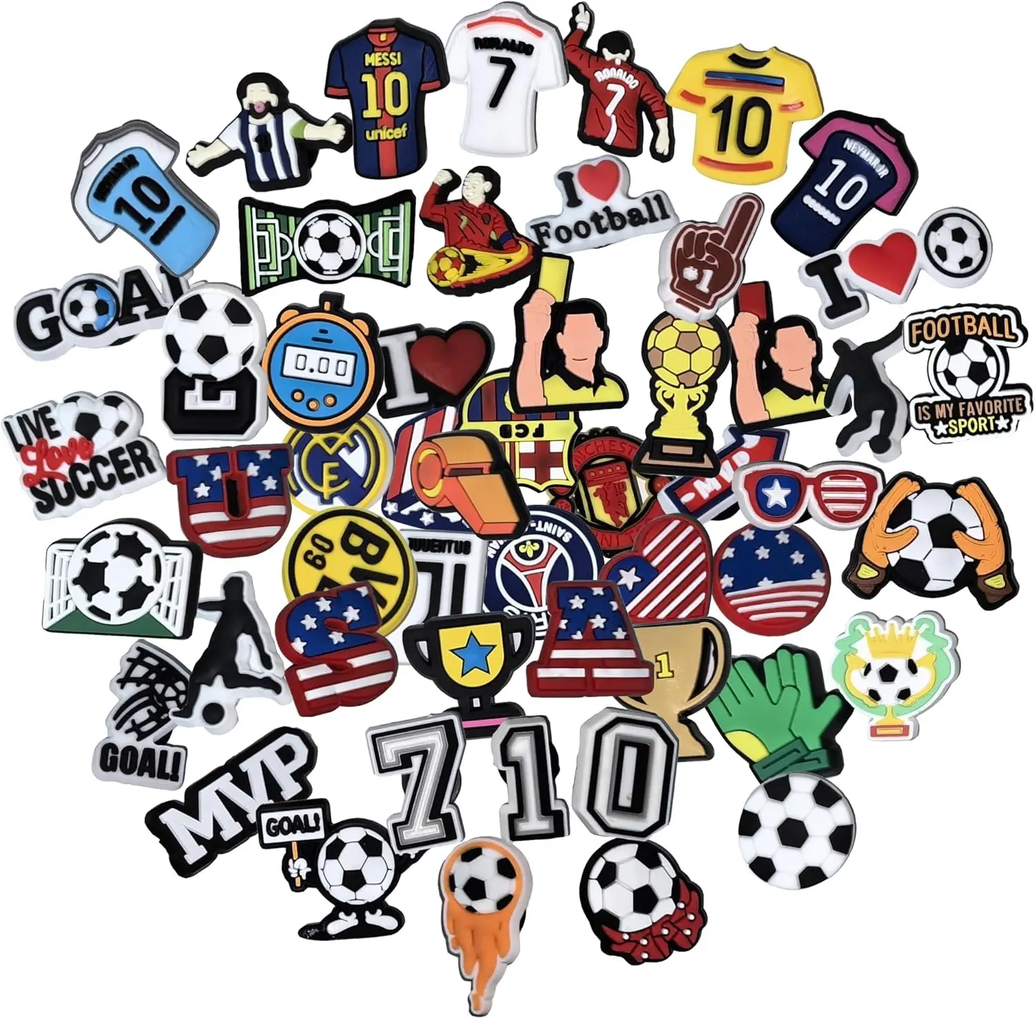 50 Pcs Soccer Shoe Charms for Boys Men - PVC Construction Sports Theme Designs - Cute DIY Clog Sandals Decoration Accessories