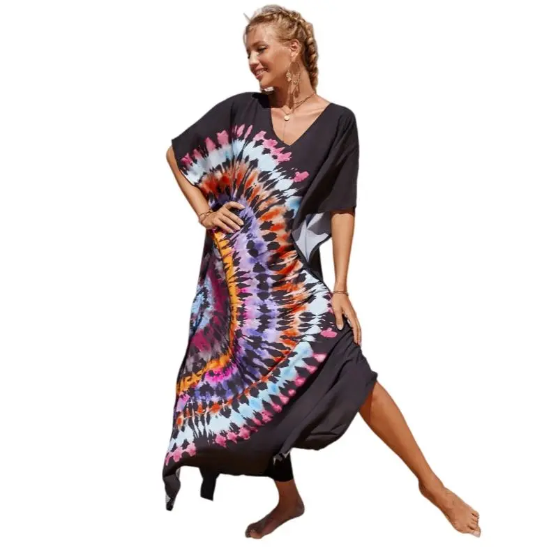 Women's Plus Size Boho Caftan, Semicircle Print Viscose Maxi Dress with Batwing Sleeves and Side Slits, Casual Beach Cover Up, Fabric