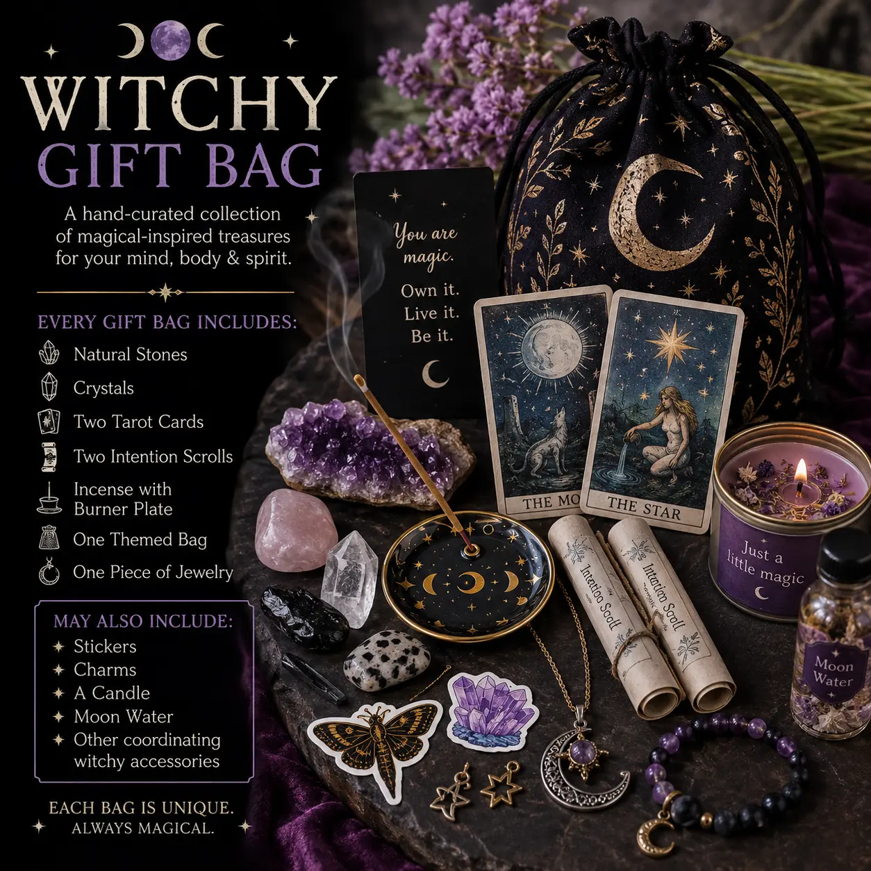 Witchy Curated Gift Box: Gothic Crystals, Charms, Stickers & Spells