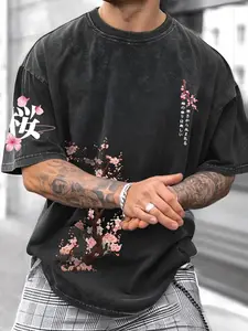 Men's Cotton Sakura Pattern Print Regular Fit T-Shirt, Summer Loose Casual Fashion Short Sleeve Round Neck Top, Comfortable Versatile Men's Clothing, Menswear