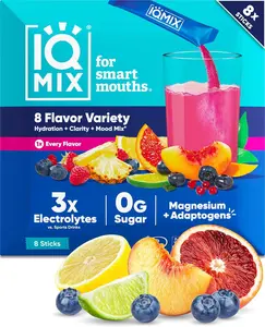 IQMIX Hydration Electrolyte Powder - 4-in-1 Formula for Hydration, Mental Clarity, Mood & Recovery - Sugar-Free, Keto Drink Mix with Magnesium L-Threonate & Lion’s Mane - 8-Count Sampler (All Flavors)