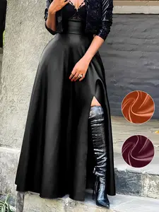 High Waist A-Line PU Leather Patchwork Long Dress, Flowy Skirt, Side Slit, Club Party Dress, Elegant Women's Fashion
