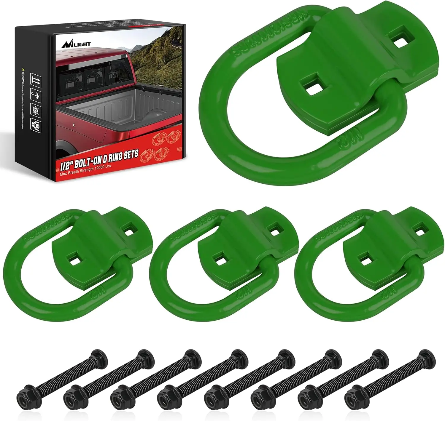 Nilight 4 PCS 1/2" Alloy Heavy-Duty D-Ring Tie Down Anchors with Screws, Bolts, 12000lb Break Strength, Anti-Rust Coating, Green Synthetic Winch Rope, Adjustable Hanging Ropes, Metal Swivels for Fishing, Trailer Truck Bed Cargo, Cargo Securement, Anti Rus