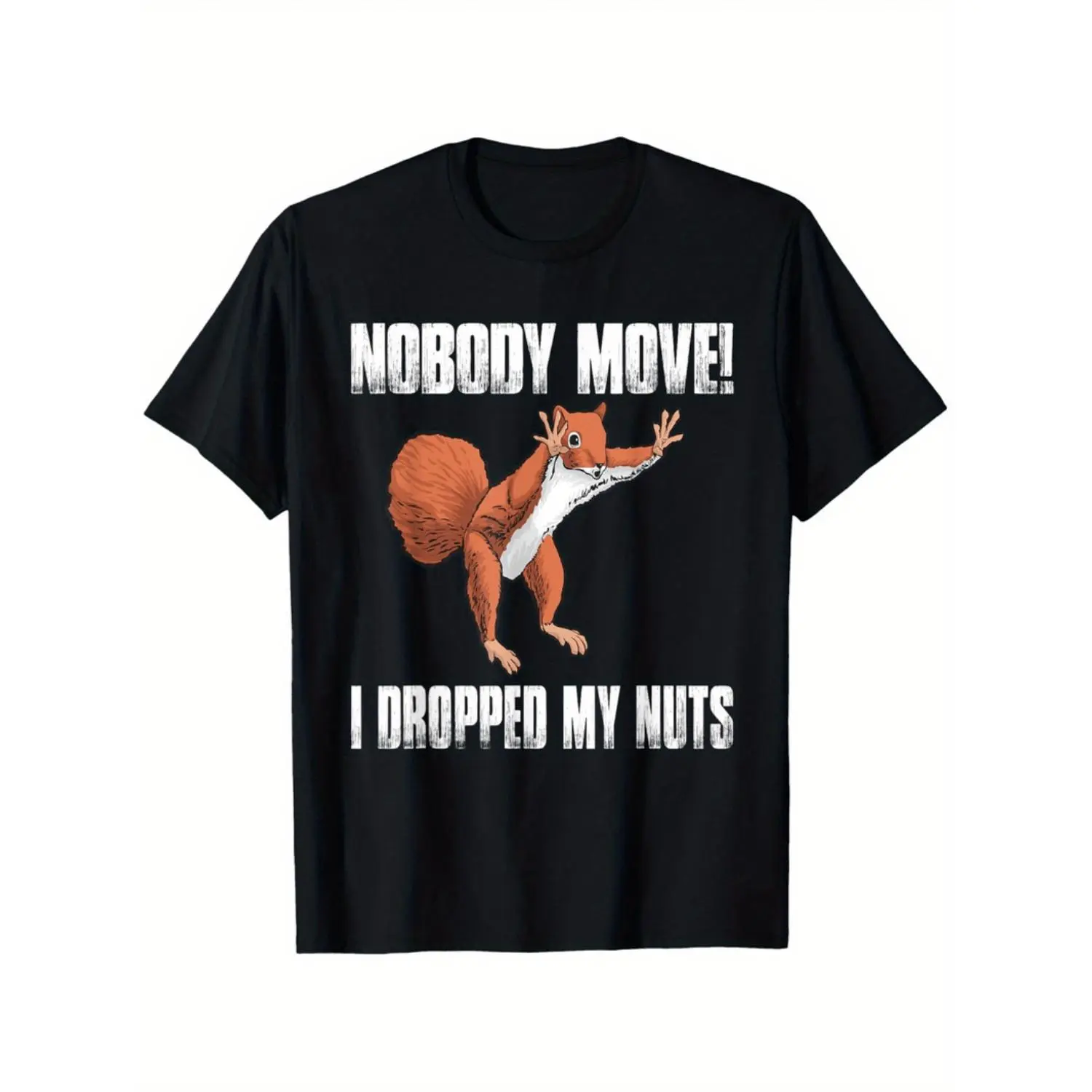 Funny "Nobody Move I Dropped My Nuts" Squirrel Graphic Men's T-Shirt - Soft Breathable 180gsm Cotton Tee, Loose Fit Casual Shirt for Parties, Gifts (Father's Day, Birthday), Everyday Summer Wear - Machine Washable Black Crewneck T
