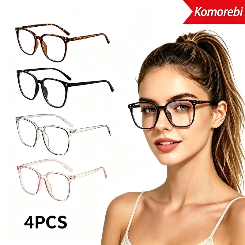 Women's Trendy Square Frames 4-Pack Polycarbonate Stylish Eyewear - Non-Prescription Full Rim Eye-Friendly Frames & Glasses, Anti-Glare Blue Light Glasses Ease Eye Strain, Windproof (4 Colors)