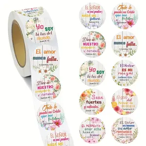 500 Spanish Bible Verse Stickers Roll, Floral Christian Quotes Stickers, Inspirational Religious Round Labels, Circle Labels for Envelopes, Gifts, Cards, Planners, Crafts
