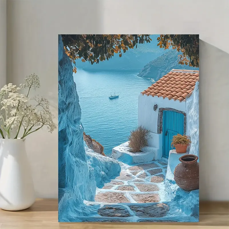 1 Piece Greek Canvas Art with Frame-Santorini Wall Art, Coast Travel Poster, Mediterranean Photography, Blue Sky and White Architecture, Perfect Home Decor, Greek Wall Art
