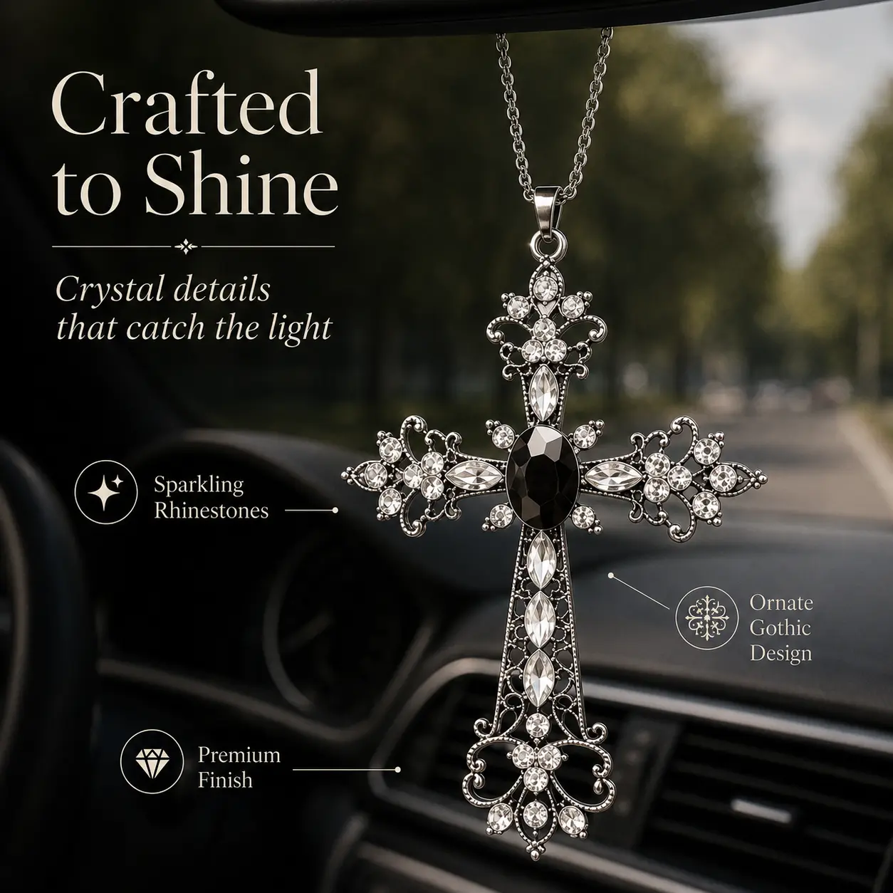 Bling Cross Car Rear View Mirror Hanging Ornament Set, Sparkly Crystal & Pearl Chain Pendant Charm Accessories, Aesthetic Girly Car Interior Decor, Birthday Gift for Car Girls