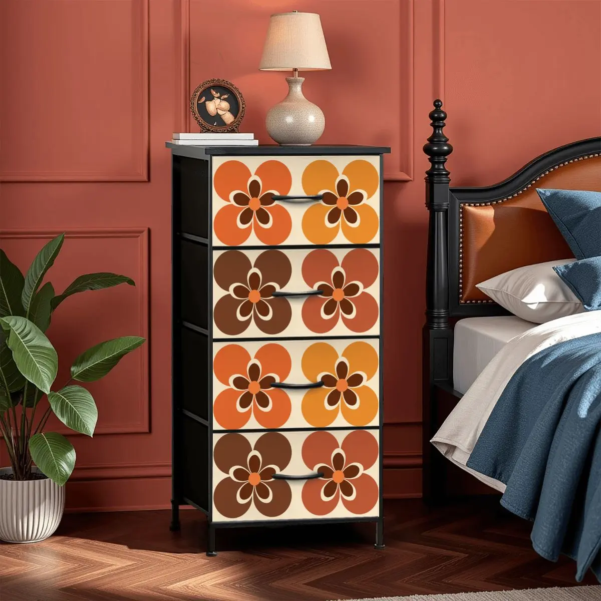 Groovy 60s Mod Flowers Orange Brown 4-Drawer Dresser