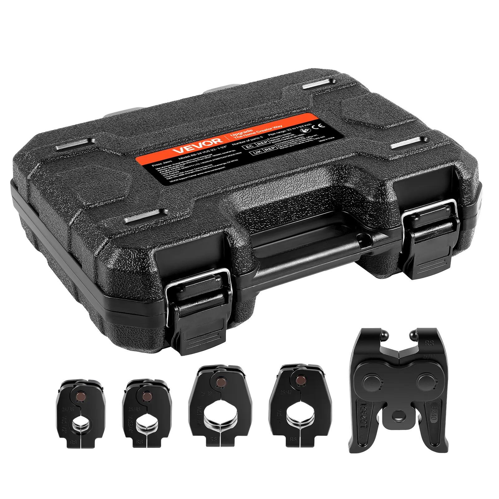 VEVOR 5PCS VUS Pressing Kit, 4PCS Press Rings (1/2", 3/4", 1", 1-1/4") & R8 Actuator - Compatible with ProPress Copper Pipes, Work with 32KN Standard Press Tools for 180° Operation
