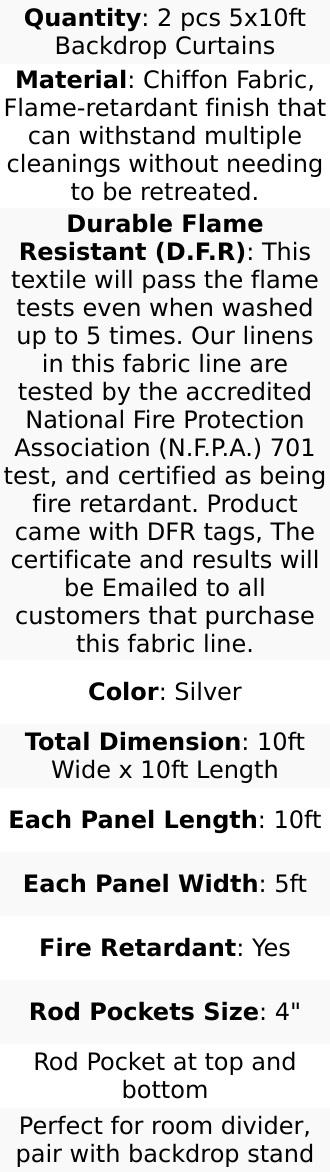 2 Pack 5ftx10ft Silver Chiffon Backdrop Drape Curtains, Durable Flame Resistant Sheer Organza Event Divider Panels With Rod Pockets