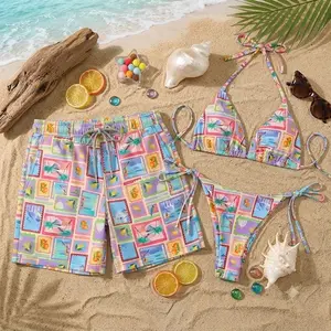 Matching Swimwear for Couples Tropical Fruit Coconut Tree – Bikini Set & Swim Shorts, Hawaiian Beachwear Set, Summer Vacation Couple Swimsuit NT14