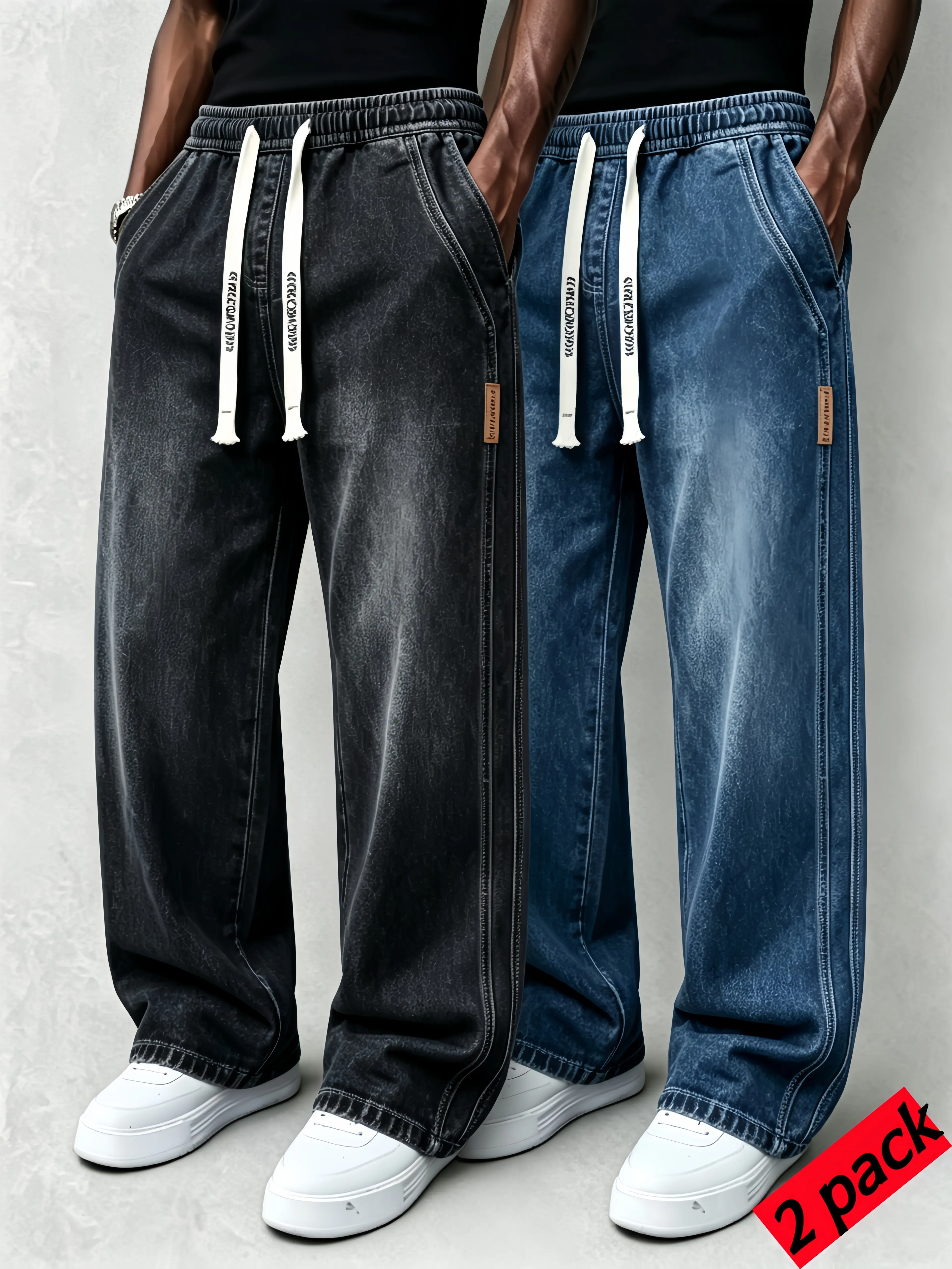Men’s Drawstring Elastic Waist Straight‑Leg Denim Jeans, Loose‑Fit Wide‑Leg Jeans Vintage Washed Slightly Stretch Pants, Light Business Casual Style, All‑Season Daily Outdoor Long Pants, Black Men’s Jeans | Pantalones Para Hombres, Ropa De Hombre