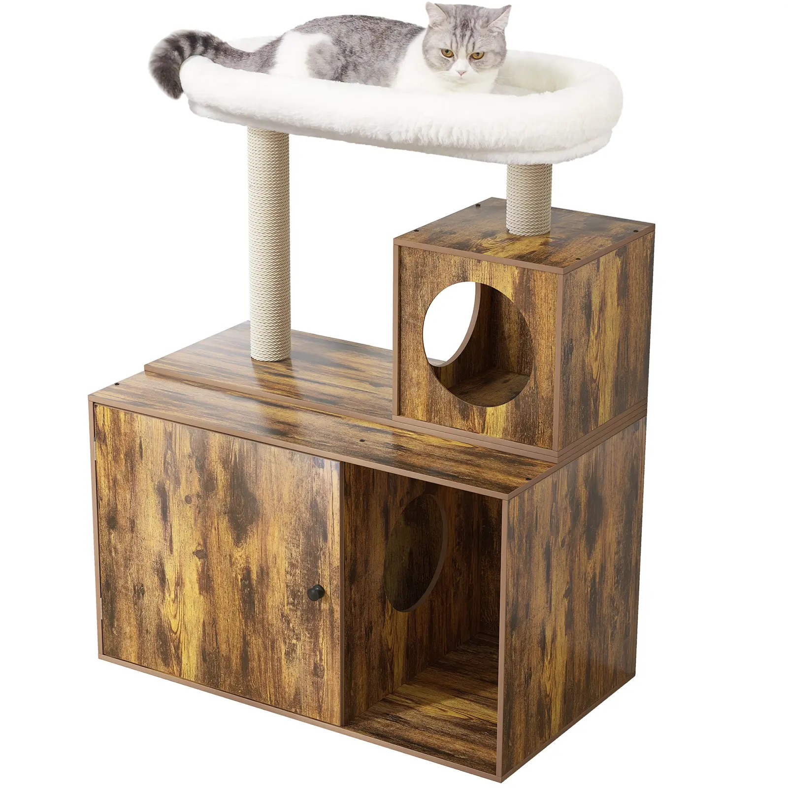 YOCAN Multi-Functional Cat Tree with Litter Box Enclosure, Wooden Cat Apartment with Scratching Post, Modern Style Cat Tree Furniture with Hidden Tower, Cat House Furniture