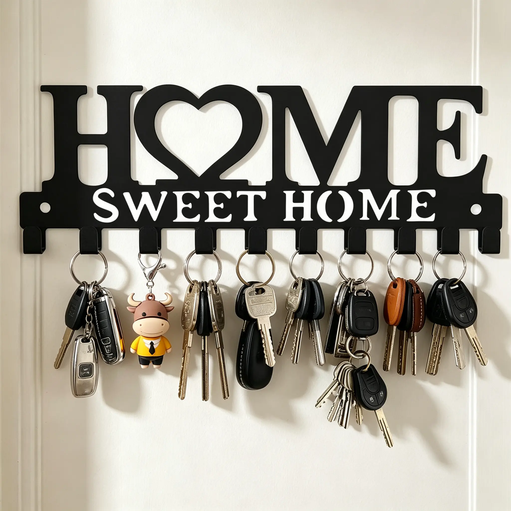 Wall Mount Metal Key Holder,Sweet Home Letter Design,10 Hooks Key Rack Organizer for Entryway Kitchen Bathroom Hanging Keys Hats