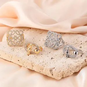 Adjustable Geometric Openwork Zirconia Ring-Micro-Pavé Hollow Design Gold Plated Stackable Statement Ring for Women