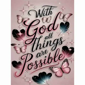 With God All Things Are Possible Diamond Painting Kit, Inspirational Christian Quote Art with Butterflies & Feathers, 5D Full Drill Round & Square Rhinestone Cross Stitch, Pink Religious Faith Home Decor, Spiritual Believer DIY Craft Gift
