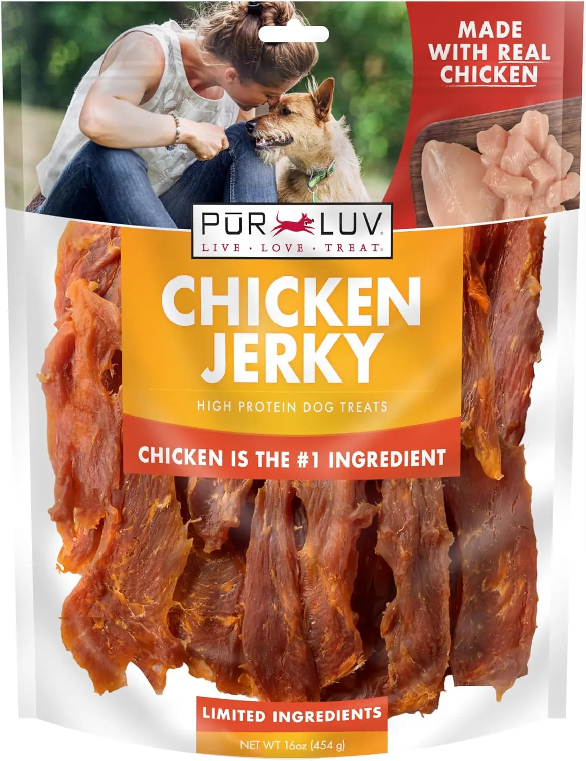 Pur Luv Chicken Jerky Dog Treats - 100% Real Chicken Breast, 16 oz, High Protein, Healthy, Easily Digestible, Long-Lasting, Chew Urge Satisfaction for Dogs