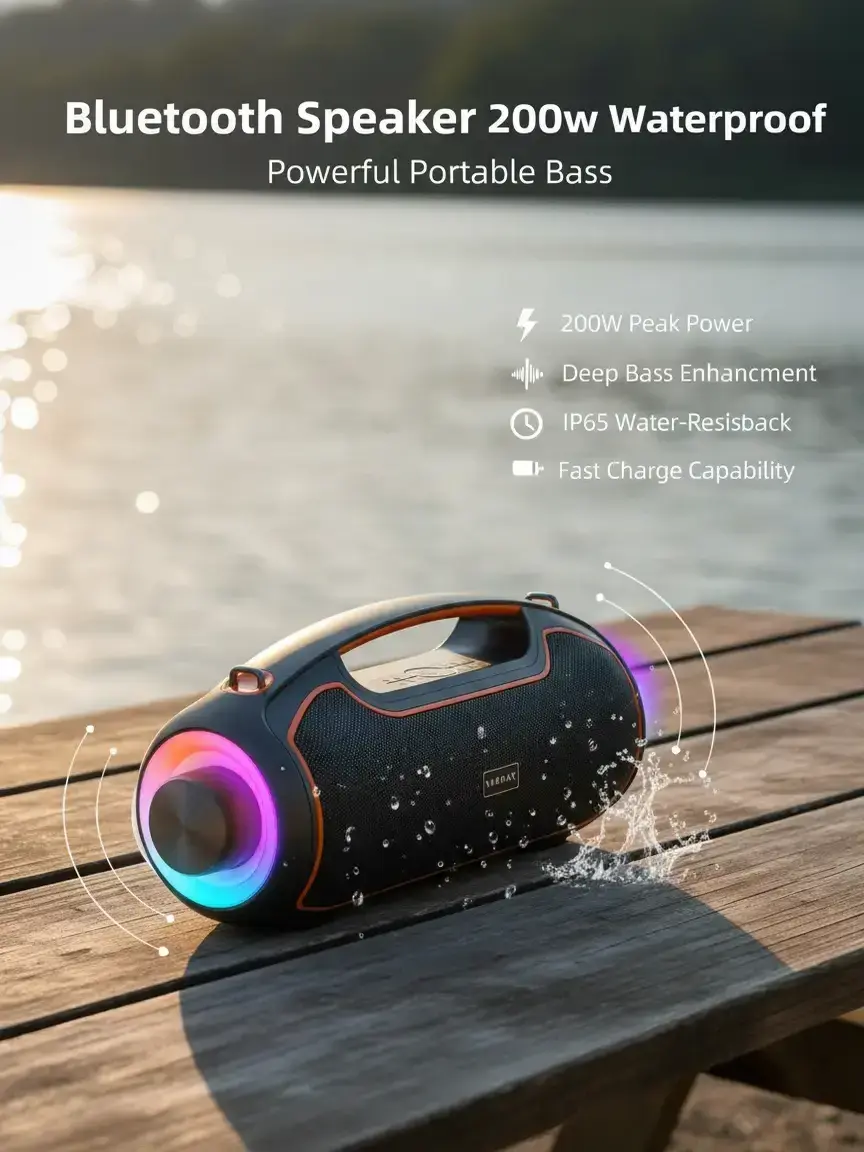Portable Bluetooth Speakers 200W Peak Sound Deep Bass IP65 Waterproof Outdoor w 2 Subwoofer Tweeter DSP Bass Boost Fast Charging TWS TF USB AUX 24H Playtime Audio