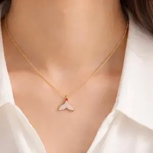 Mermaid Tail Necklace Gold Plated Chain with Pink Enamel Pendant Elegant Jewelry for Women Adjustable Stainless Steel Chain