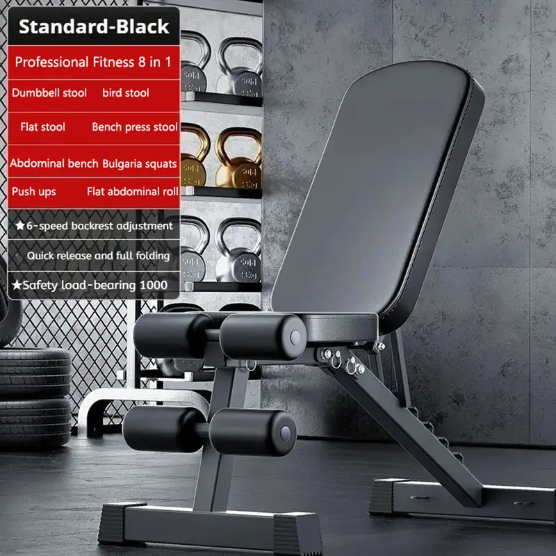 8-in-1 Adjustable Weight Bench Standard-Black 6-Level Slope Fitness Bench 1000LBS Load Capacity Triangular Structure Full Folding Design for Home Gym Strength Training