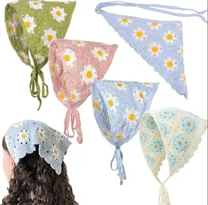 Crochet Bandanas Headbands Cute Flowers Hairbands Pink Knitted Headscarf Green Daisy Head Scarf Foral Headwrap