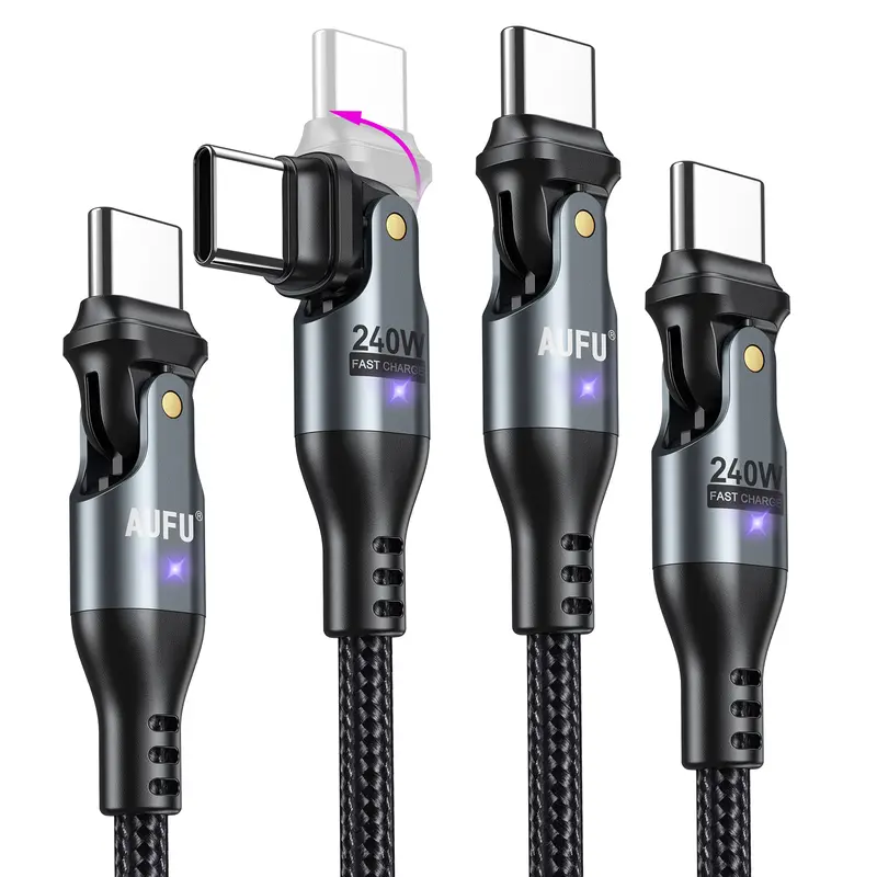 AUFU 2-Pack Rotating USB-C Cables - 240W PD 3.1 Super Fast Charging, 10ft/6ft/3.3ft Long Cord C-Type Options, 180° Rotating Dual Aluminum Alloy Heads, High-Speed Data Sync for Mobile Phones, Rotating Charging Cables