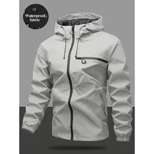 Men's Waterproof Windproof Drawstring Zip Up Hooded Jacket with Zipper Pocket for Outdoor Activities All Season Casual Outerwear