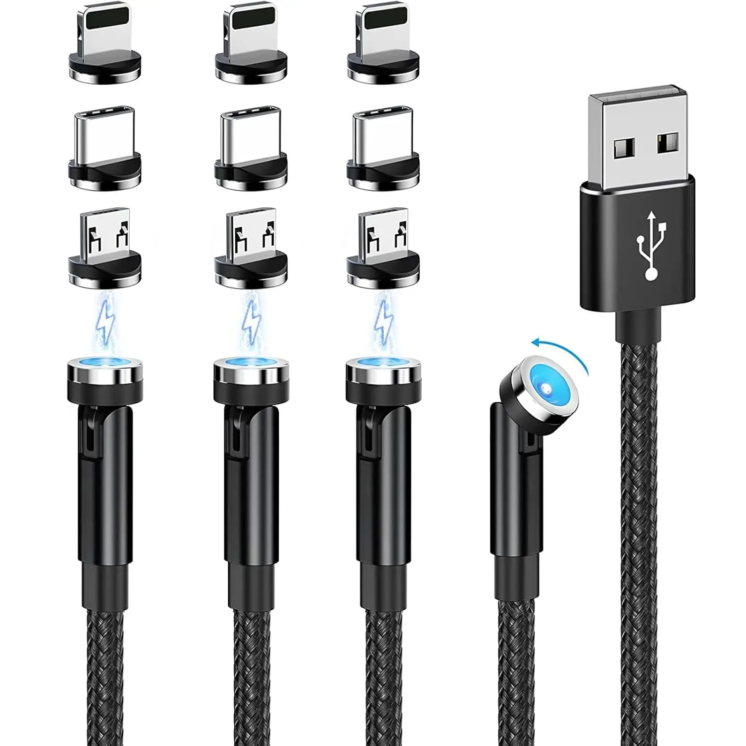 ° Rotating Magnetic Charging Cable ( Pack ///ft) USB C Magnetic Phone Charger Cable  in  .A Fast Charge Cord for iPhone Samsung Moto Oneplus Android Tablet All Micro USB/Type C Device