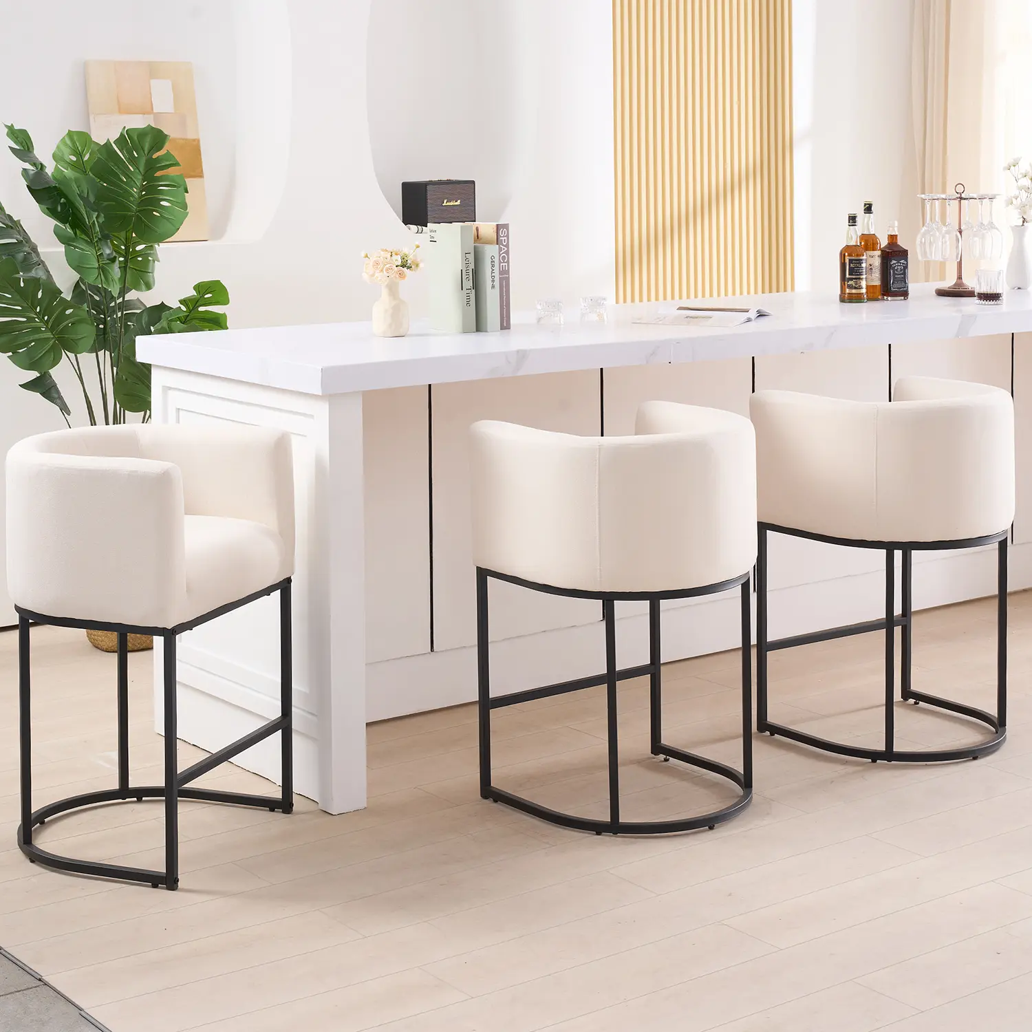 New 26" H Counter Height Bar Stools Set of 1/2/3/4 - Modern Barrel Back Barstools with Arms, Black Metal Frame & Linen Fabric Upholstery (Beige/Gray/Black/Linen) - Kitchen Island Stools, Modern Fabric Chair, Steel Frame