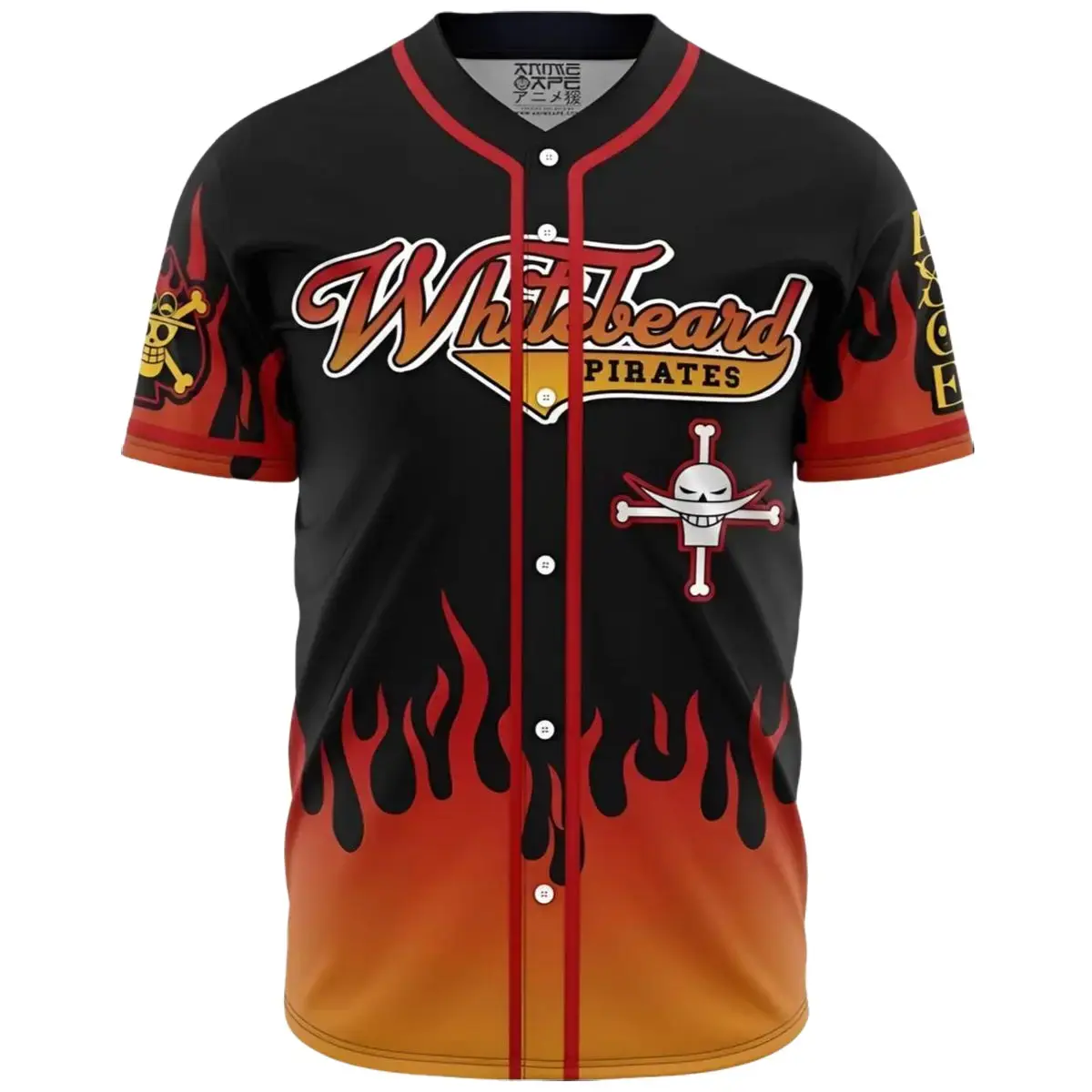 Portgas D. Ace Whitebeard Pirates Anime Baseball Jersey Shirt, Premium Breathable Polyester Button Down Streetwear, Cosplay Fan Gift Merchandise