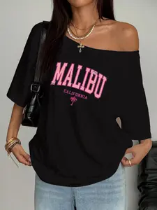 Women's Malibu Print Off Shoulder Knit Tee, Casual Fit Asymmetrical Neckline T-Shirt for Summer, Ladies Clothes for Daily Wear, Top